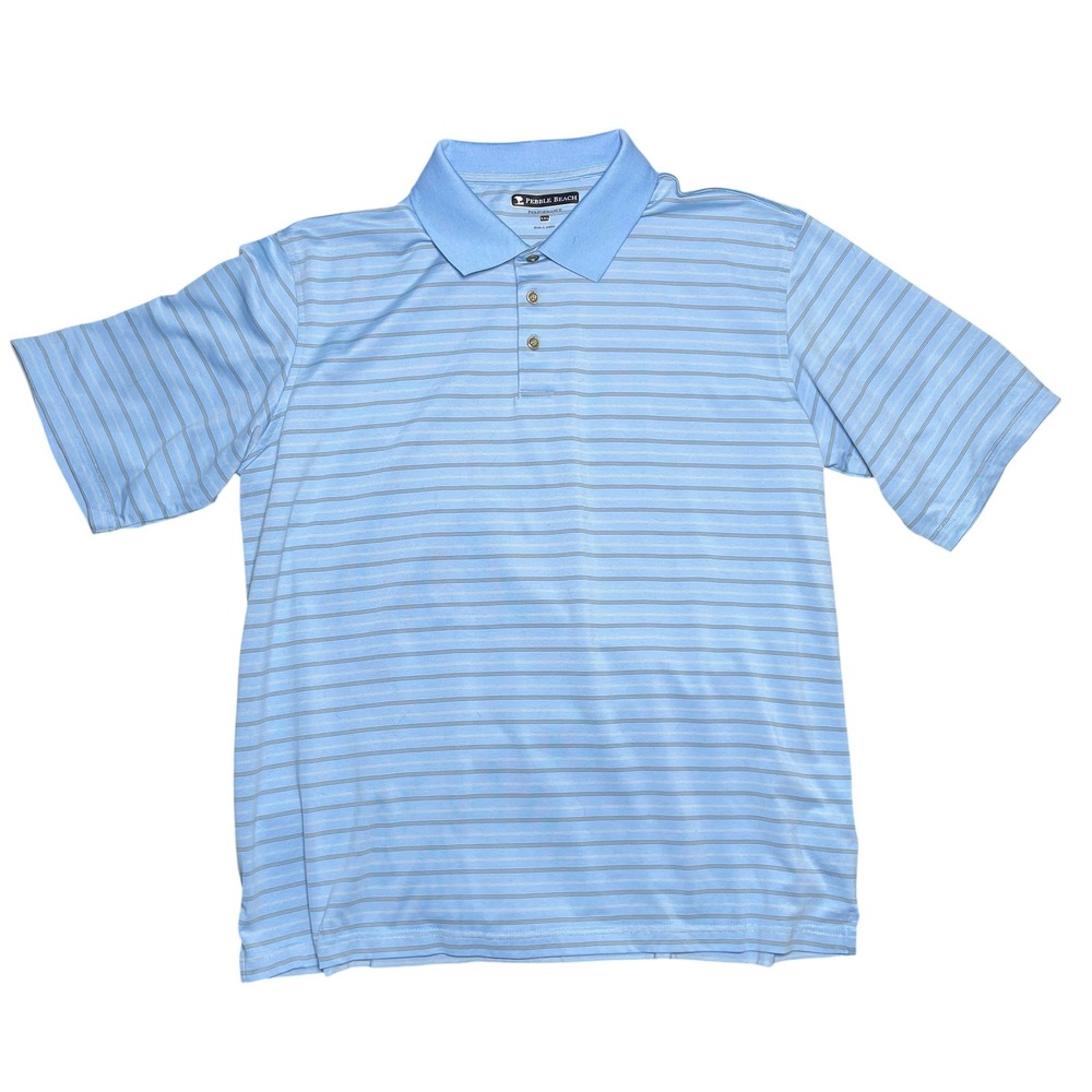 Pebble Beach Performance Mens XXL Light Blue Striped Pima Cotton Golf Polo Shirt